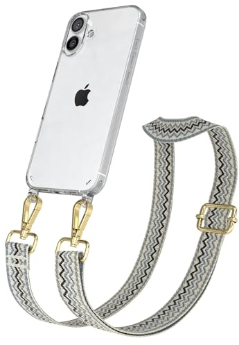 EAZY CASE Handykette - Verstellbares Taschenband kompatibel mit iPhone 16 Plus, Schulterriemen, Handykordel mit Silikon Hülle, Umhängetasche, Beige Blau Gold