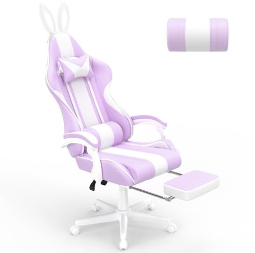 Soontrans Sedia Gaming Ergonomica con Poggiapiedi, Poltrona Gaming con Supporto Lombare e Poggiatesta, Sedia da Gioco con Orecchie Regolabili, Sedia Gamer Donna Confortevole, Viola