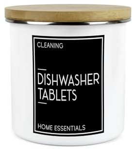 Inverted Minimalist Dishwasher Tablets Storage Canister - Natural Black & White Modern Décor - Refillable Enamel 1.2L Home & Kitchen Storage Container