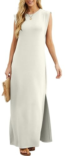 GRECERELLE Robe maxi d'été pour femmes, robes chemises décontractées, styles élégants, robes maxi basiques sans manches pour femmes UK avec fentes et poches, ecru, S