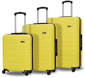 Rock Seattle Set of 3 Hard Shell Suitcase in Yellow - Refined Lines, Angular Patterns & Lightweight Design - Telescopic Handle & Impact-Resistant Material - Small, Medium & Large Included