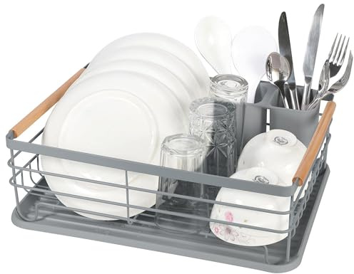 ATEK Dish Drying Rack, Rustproof Dish Washing Rack Dishes with Detachable Drip Tray Plate, Carbon Steel Kitchen Drainer Rack for Plate, Cutlery, Pots for Kitchen Countertop, Cabinet, Black