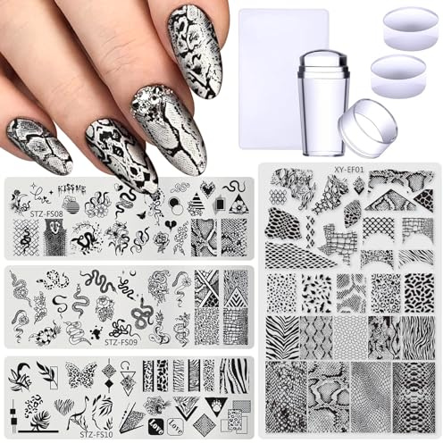 4pcs Snake Leopard Print Nail Stamping Plate Stencil with French Tip Nail Stamper Kit Reusable Salon Nail Set DIY Manicure Supplies Nail Art Tools