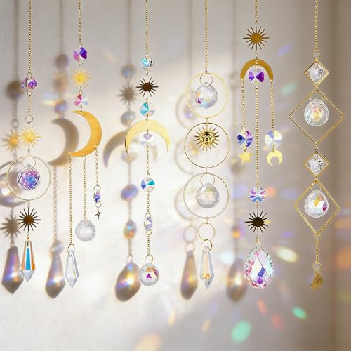 Zaxiva Atrapasueños de Cristal, 6PCS Atrapasoles Cristal Colgante, Carillón de Viento Arco Iris Sol Luna Colgante Adornos Bolas de Cristal para Ventana, Dormitorio, Jardín, Oficina, Fiesta, Boda