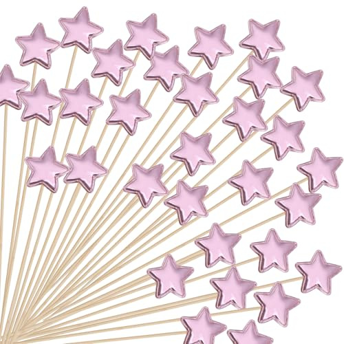 Elegaperma 100 Pcs Pink Cocktail Sticks for Food,Star Bamboo Cocktail Stick,3.5 Cm Fancy Toothpicks for Drinks,Bamboo Skewers for Birthday Party Decorations
