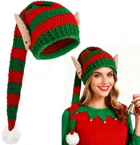 Beipegin Weihnachtsmütze Lang mit Elfenohren Winter Wärmer Häkel Strickmützen Weihnachtself Lustige Mütze Weihnachtsfeier für Herren Damen