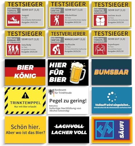 Malle Sticker Set 225 Stück – Lustige Stiftung Malle Test Aufkleber | 15 Designs je 15 Sticker, Für Party, JGA & Festival, Wetterfest, UV-beschichtet, langlebig, Witziges Ballermann Geschenk