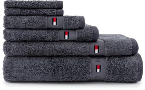 Tommy Hilfiger - Duschtuch, Steel (Dunkelgrau), Frottee, 520 g/m², 100% gekämmte Baumwolle, Jacquardborte und Stickerei, weich und saugfähig, 70 x 140 cm