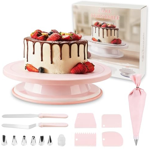 1 Stk Tortenplatte Drehbar, Torten Drehplatte Kuchenständer, Drehbarer Tortenständer, Kuchen Drehteller, Torten Zubehör, mit 2 Stk 10 Zoll Spateln, 4 Schabern, 8 Spritzbeuteln Spritzspitzen (Rosa)