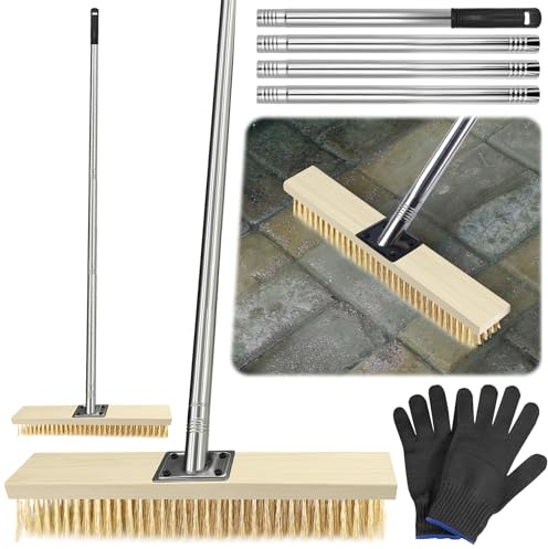 TZEKING Escoba de Alambre con Mango 160cm,Escoba Exterior con Mango,Cepillo de Alambre para Escoba,Escoba Jardin de Cerdas Metálicas Duras,Malas Hierbas y Manchas Difíciles,para Jardín Patio Terraza