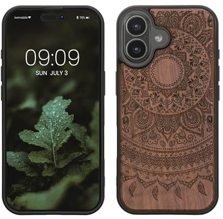kwmobile Hülle kompatibel mit iPhone 17 Hülle - Holz Case - Handy Cover - TPU Handyhülle in Dunkelbraun Indische Sonne