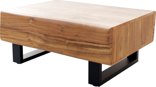 DELIFE Wohnzimmertisch New Live-Edge Akazie Natur 80x60 cm 2 Schubladen | Kufe Metall Schwarz Couchtisch