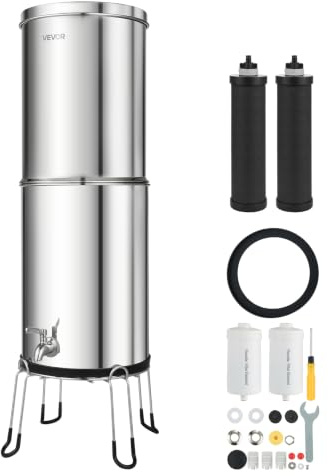 VEVOR Système de Filtration d'Eau par Gravité 12,3 L avec 4 Filtres à Eau, Pour Camping, Fontaine Filtrante Inox Réduction du Plomb et Jusqu'à 99% du Chlore, Cartouches au Charbon Actif et Anti-fluor