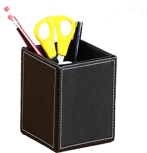 Pot à Crayons en PU Cuir Créative Pot Carré de Stylos Classique Boîte de Rangement Bois Table Propre pour Bureau Maison (Noir)