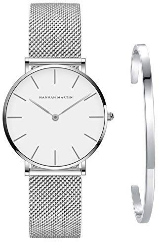 Kubagom Ultra Thin Stainless Steel Mesh Band Quartz Women's Wrist Watch and Bangle Set (White Dial, Silver-Tone Band，Silver-Tone Bangle)