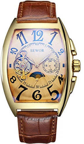 SEWOR Luxury Tourbillon Herren Mondphase automatische mechanische Armbanduhr Lederband Glasbeschichtung blau (Goldgelb)