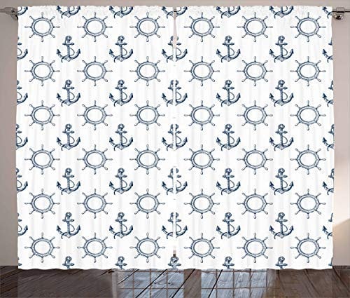ABAKUHAUS Anker Rustikaler Vorhang, Retro maritimes Design, Wohnzimmer Universalband Gardinen mit Schlaufen und Haken, 280 x 175 cm, Marineblau Weiß
