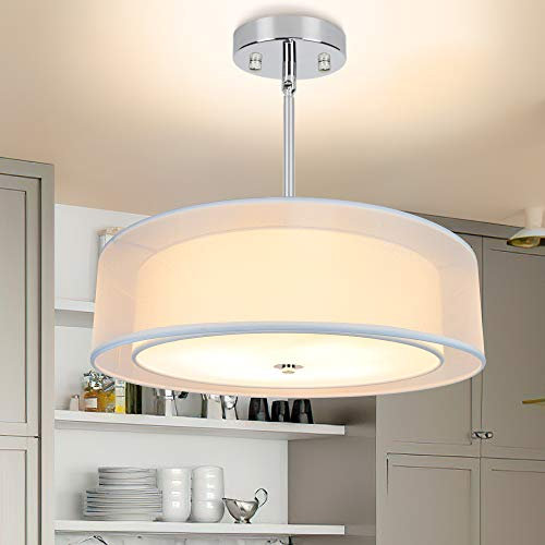 Depuley Modern Ceiling Light, Adjustable Pendant Light Fitting With Double Tiers Drum Creamy-White Fabric Lampshade,3-Lights Ceiling Pendant Lamp for Living Room,Bedroom,Dining Room(Bulbs Not Include)
