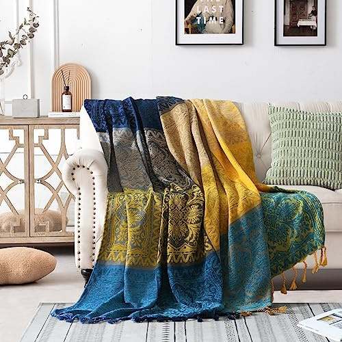 Bohemian-Überwurfdecke für Couch, bunte Chenillequasten, Boho-Stil, gewebt, Hippie-Überwurf, Decken Bett, Sofa, Stuhl, Liegestuhl, Lovesitzer, Bohemian-Fransenquasten, Dekor Zuhause (blau, S: 60 x 75)