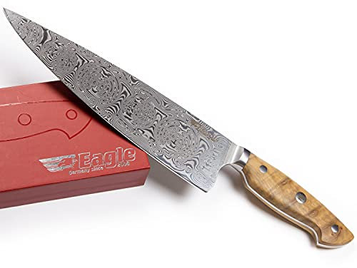 Eagle U-Grip - Chefmesser 23 cm Klingenlänge - Voll-Damaststahl 108 Lagen/Heftschalen: Olivenholz aus Süditalien