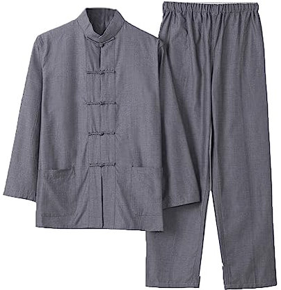 Chinois Traditionnel Manches Longues Tang Costume Kung Fu Uniforme Chemise pour Hommes Kung Fu Veste Pantalon, Coton Pur Tai Chi Uniforme, Hanfu Kung Fu Wing Chun Ch grey2-L