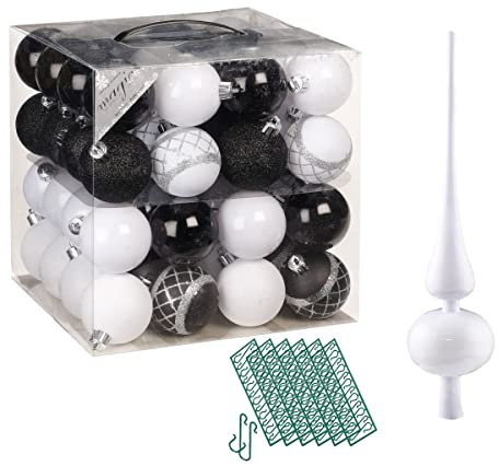 JACK 64x Kunststoff Christbaumkugeln Ø 6cm + Spitze 28cm inkl. Aufhänger Dekor Kugeln Set Weiß Rot Gold Grün Blau Silber, Farbe:Schwarz-Weiß