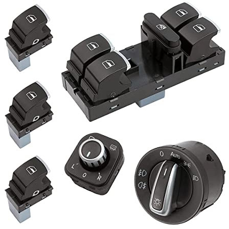SISS Set 6 pezzi, interruttore luce principale, regolazione specchietto, interruttore alzacristalli per tutte le porte, compatibile con VW Golf 5, Golf 6, Passat 3C, Tiguan