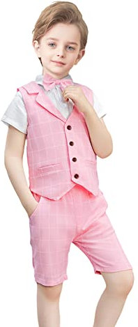 Ensemble de Costume pour garçons Chemise habillée Gilet et Pantalon Court 4Pcs Ensemble de vêtements pour Enfants Ensemble de Tenue de Mariage d'été (Rose, 140)