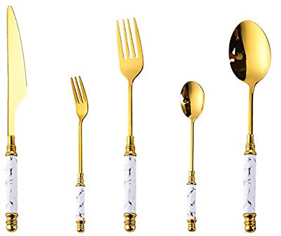 5-teiliges Marmor-Keramik-Griff; tragbares 410er-Edelstahl; goldenes Geschirr-Set, Besteck-Set, Besteck-Set, Steakmesser, Gabel, Löffel, Anzug (weiß)