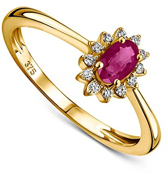 MIORE Schmuck Damen 0.07 Ct Diamant Blume Verlobungsring mit Edelstein Geburtsstein natürlicher ovaler roter Rubin umgeben von 12 Diamanten Brillanten klassischer Ring aus Gelbgold 9 Karat 375 Gold