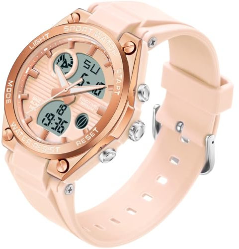 Damen Uhr Digital Armbanduhr mit Silikonarmband 50M Wasserdicht Digitaluhr für Mädchen Jungen Analog Digital Sportuhr mit Alarm Datum LED Kinderuhr Elektronisch Rosa