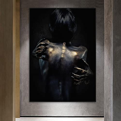 Jianghu Art Schwarze Frau Körperkunst Wohnkultur Poster Moderne Wandkunst Leinwand Gemälde Nackte Frau Rückenbild Druck Wandgemälde 80x120cm(32x47in) mit Rahmen