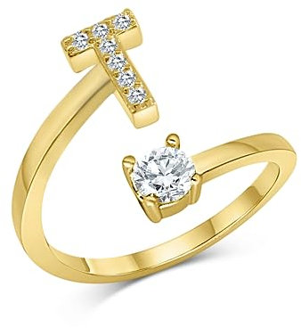 Zelaro Zirkonia Ring mit Initialen Gold Pärchen Ringe für Mädchen Geschenk für Freundin, Freund Ring mit Buchstabe Frauen Ring als Schmuck Ringe zum Jahrestag Verstellbare Ringe in Gold (T)