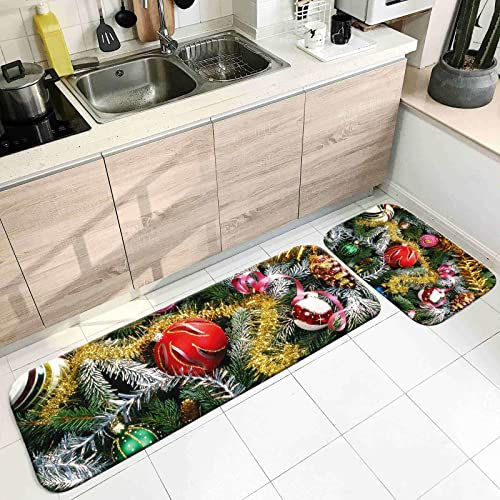 Banemi Teppich für Die Küche, Antirutschmatte für Teppich Gold Rot Grün Glocken Tannenzweige 50X80cm+50X160cm Heimtextilien