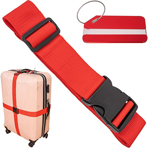 Kofferband Set mit Kofferanhänger, 200 cm Gurtband mit Schnalle für mehr Sicherheit, in Rot, mit Namensschild, Koffergurte mit Adressschild zum Reisen und Fliegen, Kofferspanngurte, Gurt Koffer