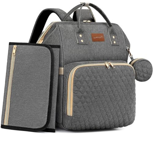 ROSEGIN Wickeltasche Rucksack Großer Wickelrucksack mit Wickelunterlage, Isoliertaschen & Kinderwagenbefestigung, Wasserdicht & Leicht, Babytasche für Mama und Papa, Dunkelgrau
