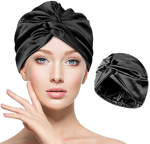 Kiiwah Seidenhaube zum Schlafen, Schlafmütze für Frauen Satin Bonnet Schlafhaube Seide, Superweiche Kunstseide Haarpflege Nachtmütze mit Gummiband für Damen und Mädchen (Schwarz)