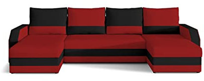ALTDECOR Ecksofa in U-Form mit Schlaffunktion und Bettkasten mit Gasdruckfeder, Polstercouch Wohnlandschaft rückenecht gepolstert, ideal als Gästebett - Mario 307x146x85 cm - Rot/Schwarz