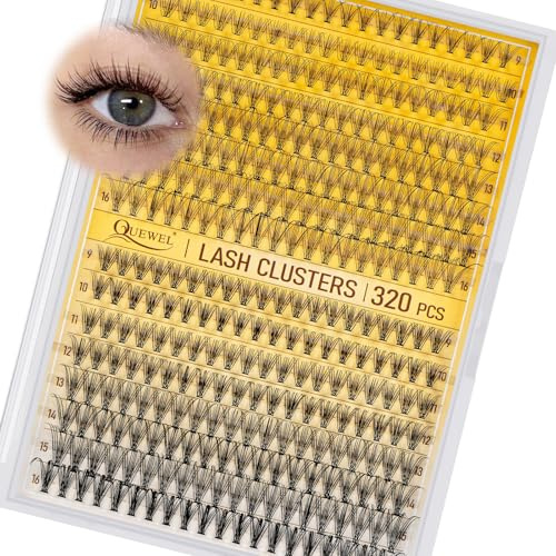 320Pcs Individual Lashes QUEWEL Cluster Lashes 10D+20D D Curl MIX9-16mm Individual Lash Extension Lash Clusters DIY Eyelash Extensions For Home Use (10D+20D D MIX9-16mm)