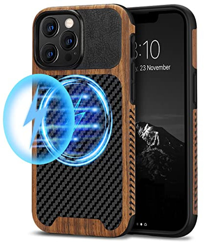 TENDLIN Magnetische Schutzhülle Kompatibel mit iPhone 13 Pro Max Hülle Holz und Carbon Textur Design Leder Hybrid Handyhülle (Kompatibel mit MagSafe) Schwarz