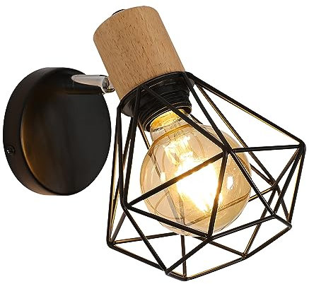 Comely Applique Murale Interieur, Noir Vintage Lampe Murale, Orientable Applique Murale E27 en Métal et Bois Luminaire Mural Interieur pour Salon, Chambre, Couloir, Escalier