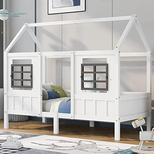 HAINEW Kinderbett Hausbett 90 x 200cm mit Rausfallschutz und Lattenrost, Weiß Kiefer Holzbett Einzelbett mit 2 Fenstern, Kinderbett in Hausform für Jungen & Mädchen