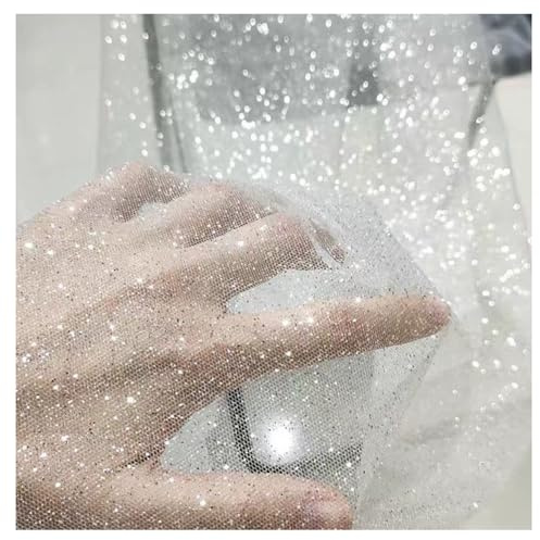 Wisafory 150cm x 5M Tüllstoff Glitzer Tüll Dekostoff Tüllband mit Glitzerpulver Netzstoff Meterware Tüll Rolle Tüllnetz Sparkly Stoff Dekoband für DIY Nähen Tutu Rock Hochzeitsdeko Weiß