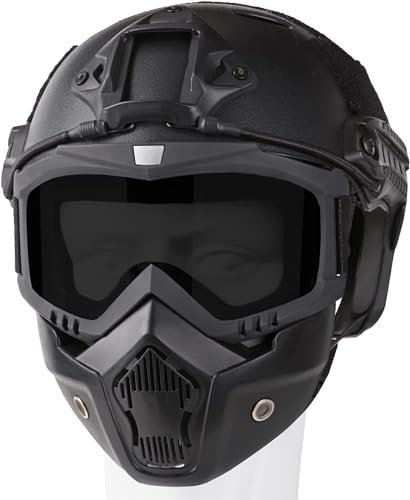Airsoft Helm und Maske Schneller Base Jump Helm PJ Style Airsoft Helme Taktische Vollgesichtsmaske mit Abnehmbarer und Verstellbarer Brille