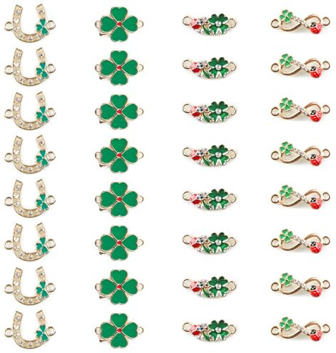Niuhong 32 Pcs Kleeblatt Marienkäfer Schmuckverbinder Vierblättriges Kleeblatt Anhänger Emaille Charme Verbinder Halskette Armband Herstellung Gliederverbinder Charms Anhänger DIY Basteln Schmuck