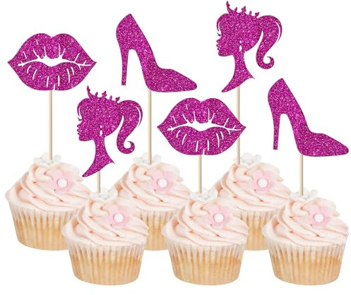 Xsstarmi 24 Pack Pink Glitter Princess Cupcake Toppers Doll Head Lip High Heel Cupcake Topper Girl Birthday Theme Cupcake Picks for Baby Shower Girls Birthday Party Cake Decorations