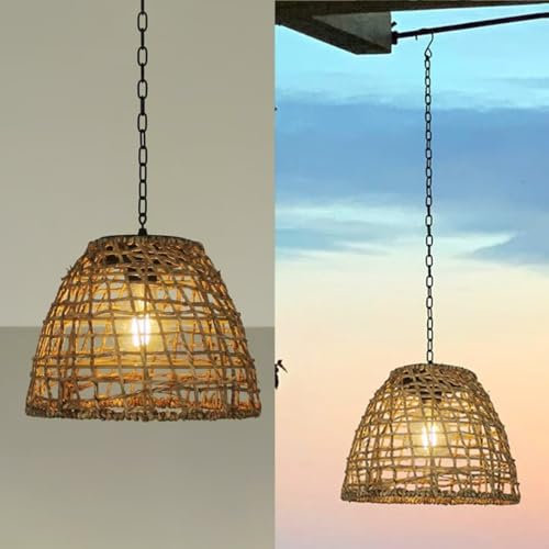 GUANSHAN Solar Power Pendant Lamp - Seagrass Woven Garden Pendant Light for Balcony, Outdoor
