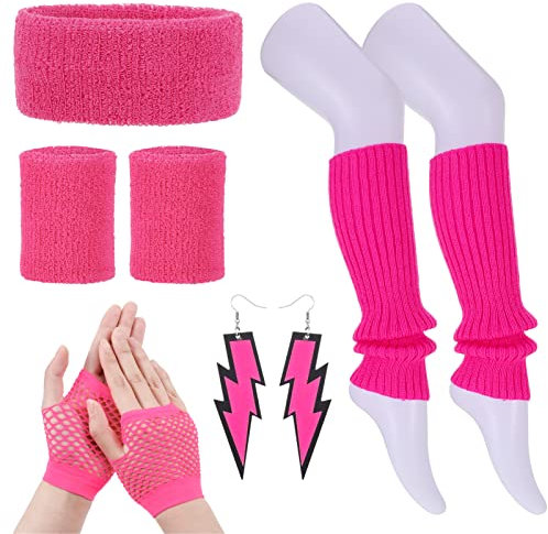 Radsocken 80s Fancy Dress Costumes Accessories,1980s Party Costume Accessories Set Leg Warmers Fishnet Gloves Earrings Headband,Retro Outfit for 80s Party Dress up Day