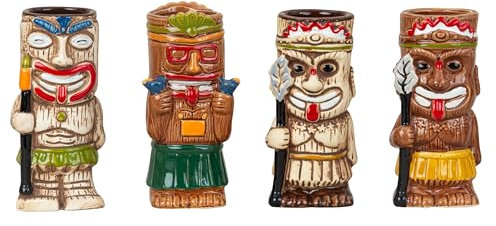 Geschenkestadl 4 Stück Set Tiki Cocktail Becher 440ml-550ml Keramik Tassen Cocktailglas Deko Party Hawaii, 9956496