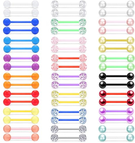 MONAZEO 48Pcs 14G Glow in Dark Flexible Acrylic Straight Tongue Barbell Nipple Ring Retainer Piercing Jewelry for Women Men 16mm Bar